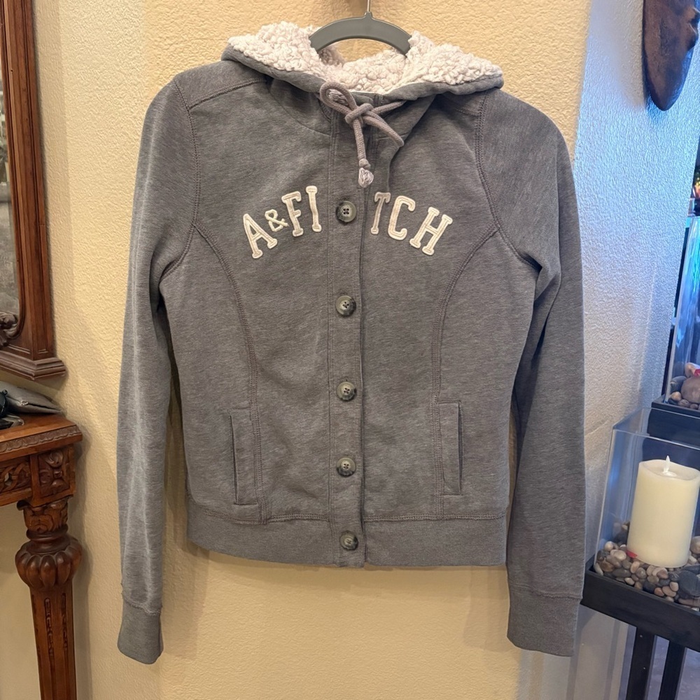 ABERCROMBIE & FITCH Gray Teens Sherpa Lined Button Hoodie Y2K Jacket Size Medium